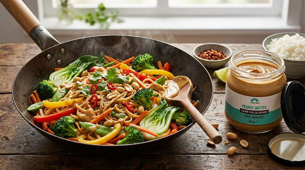 Legume stir-fry cu sos cremos de arahide