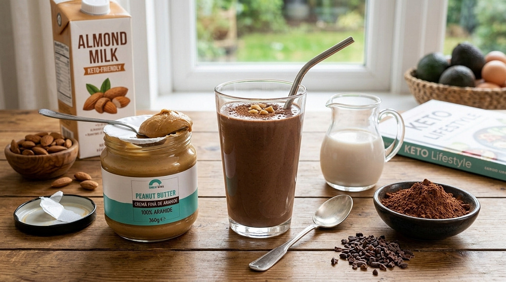 smoothie keto cu lapte de migdale, unt de arahide si cacao