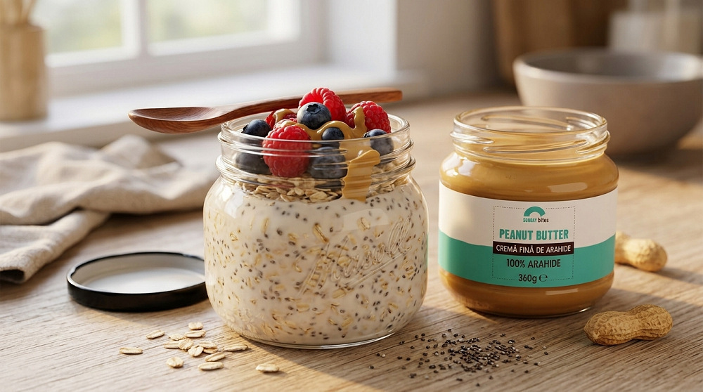 overnight oats anti astenie, cu unt de arahide, chia si lapte vegetal