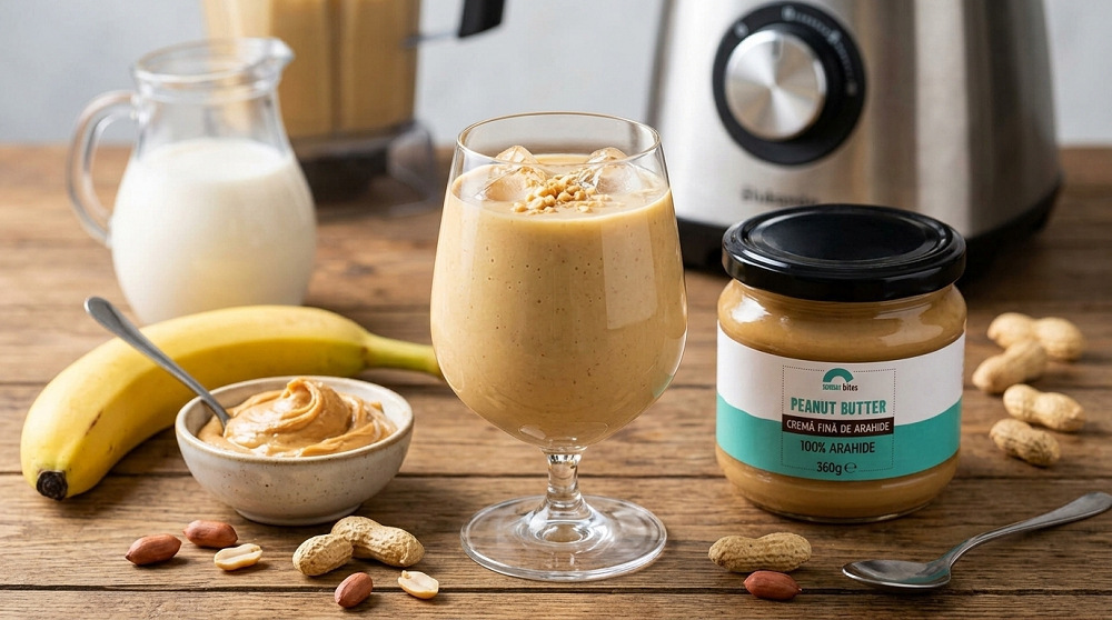 Smoothie cu banane, unt de arahide cremos si lapte vegetal