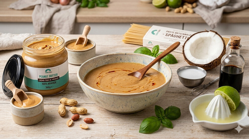 sos pentru paste cu sos de soia, lapte de cosos si crema fina arahide