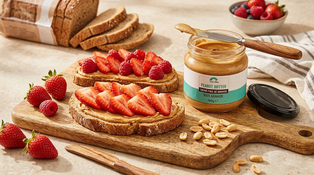 tartine cu banana, unt de arahide si capsuni