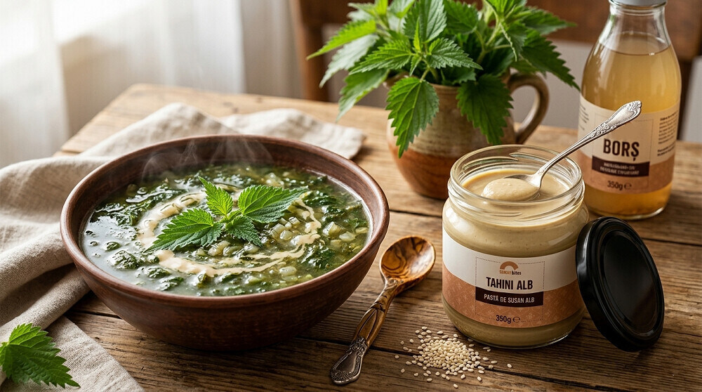 ciorba de urzici "dreapta" cu finisaj de tahini