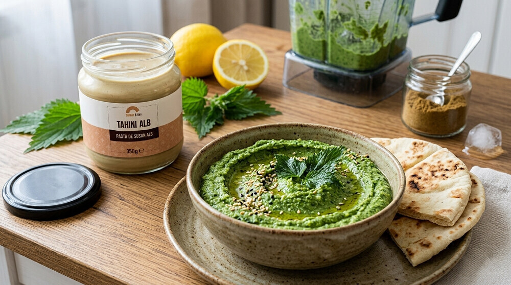 retecu cu urzici si tahini: hummus verde