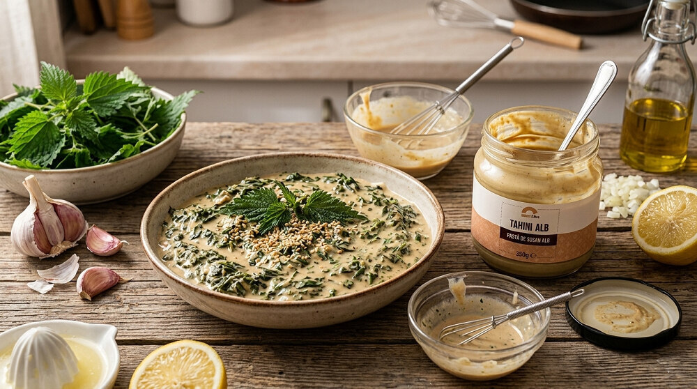 retete cu urzici si tahini: mancare de urzici cu sos cremos de tahini