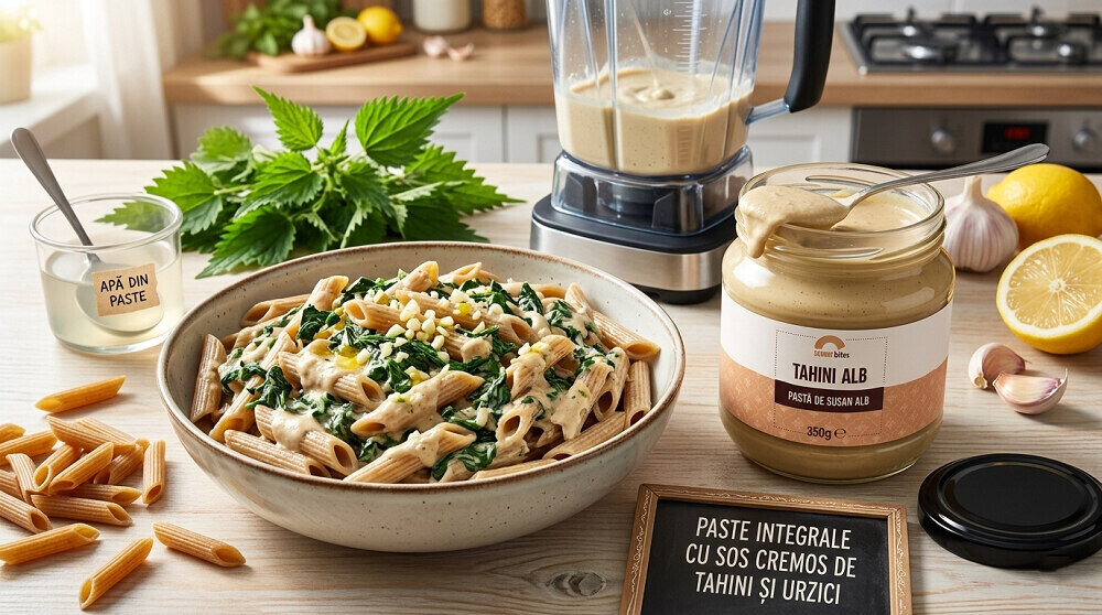paste integrale cu sos de urzici si tahini