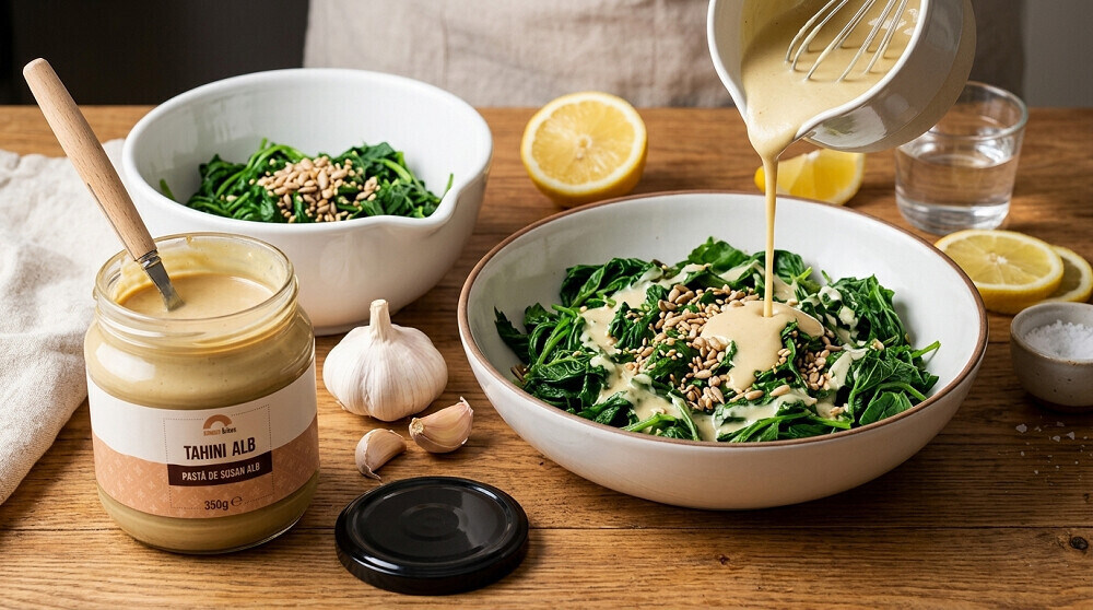 salata calda de urzici cu dressing de tahini si lamaie