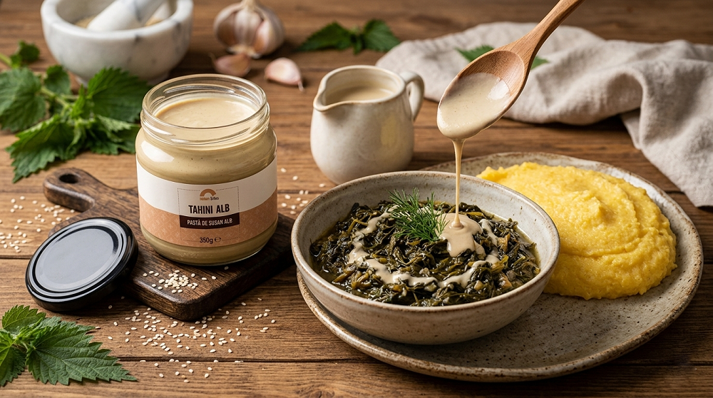 retete cu urzici si tahini: mancare de urzici cu mamaliga si mujdei cremos