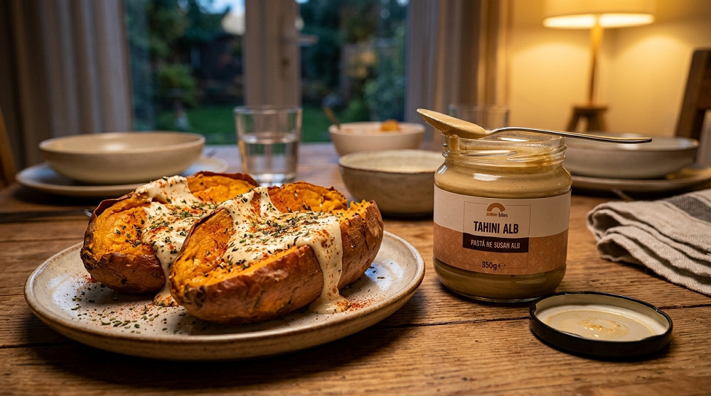 cartof dulce copt, cu sos de tahini si boia