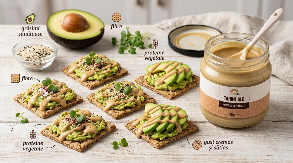 Crackers integrali cu avocado și pasta susan