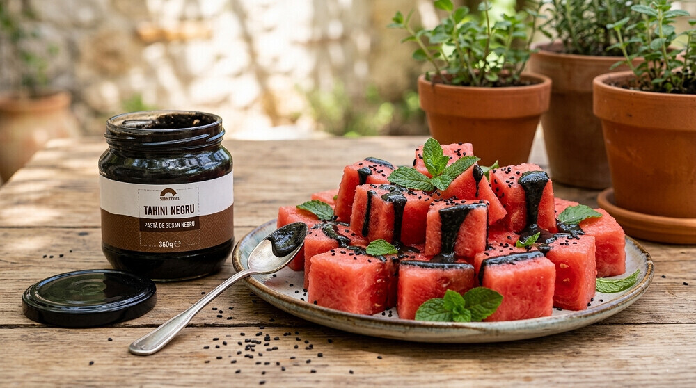 pepene rosu, tahini negru si menta