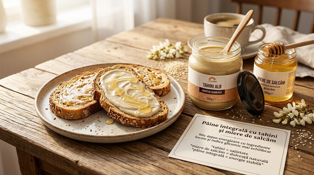 paine integrala, tahini si miere de salcam