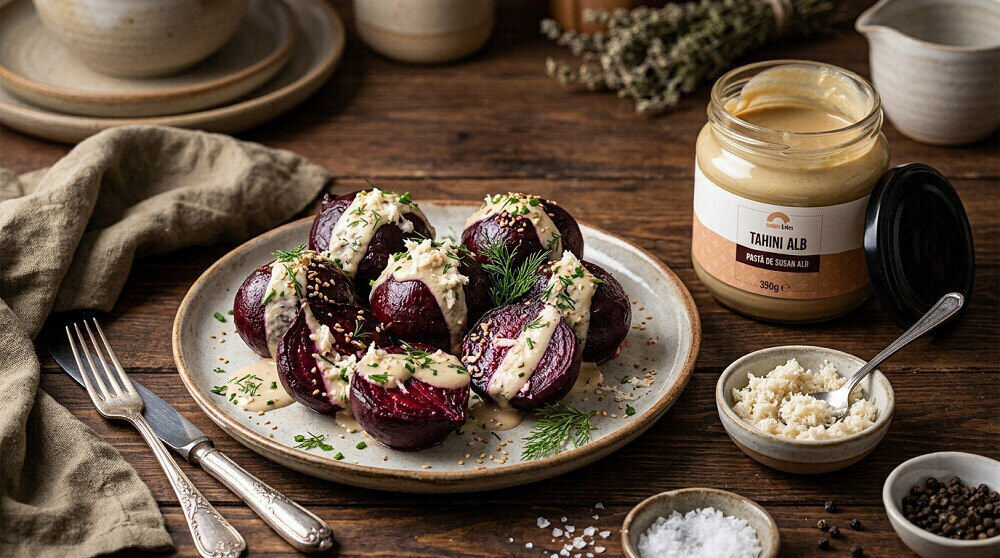 retete de sezon cu sfecla rosie coapta, tahini si hrean