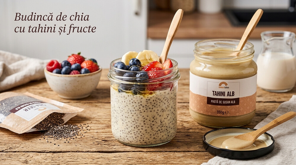 budinca de chia cu tahini si fructe