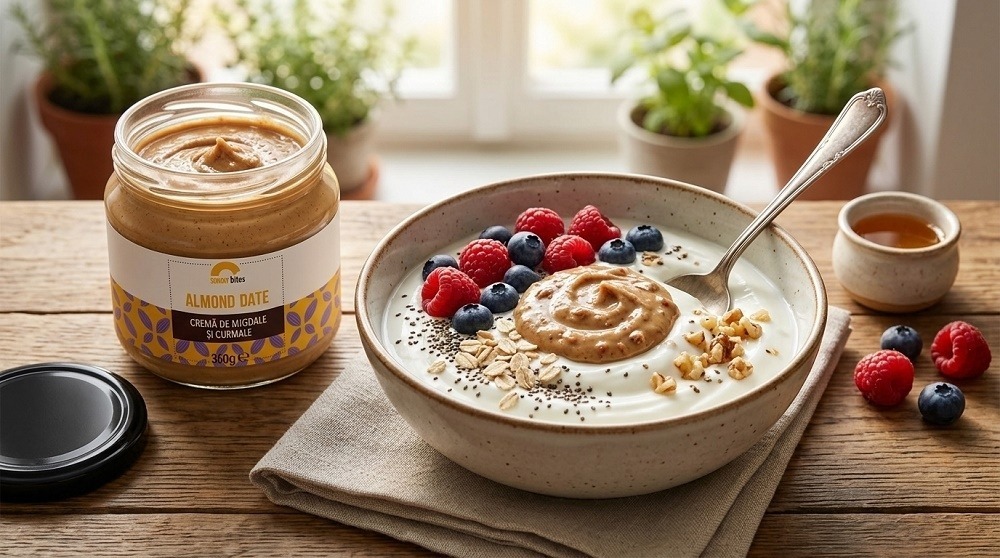 iaurt cu crema de migdale si curmale plus fructe