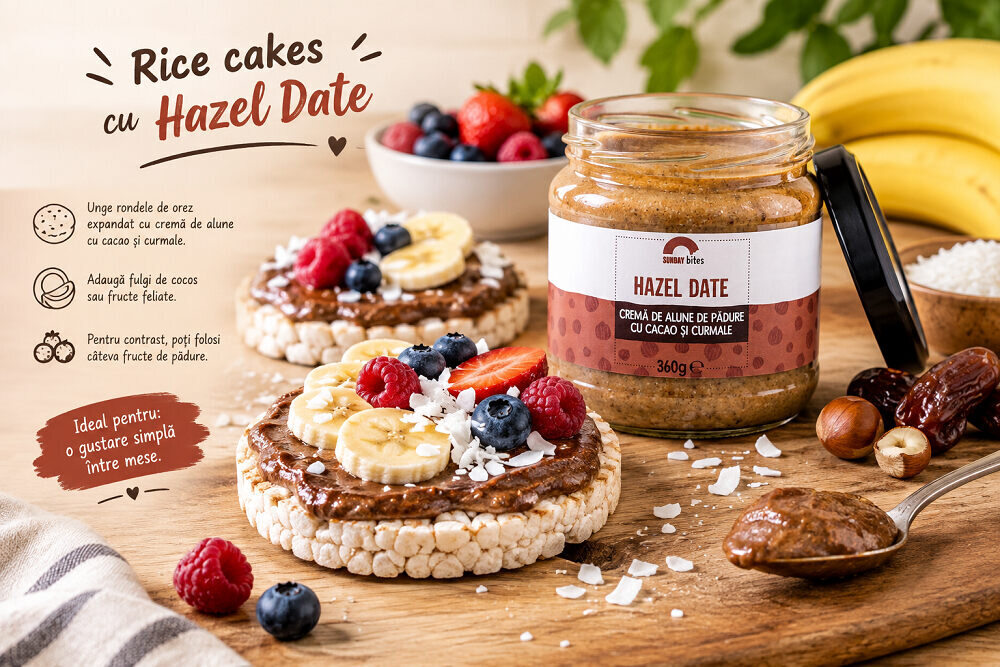 rice cakes cu crema de alune cu cacao și curmale