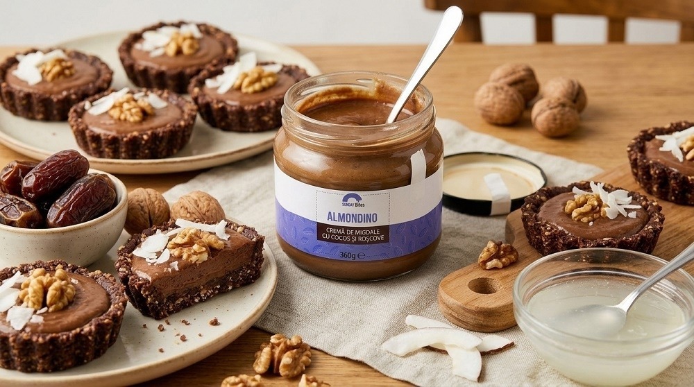 tarte raw fara coacere cu crema de migdale, cocos si roscove