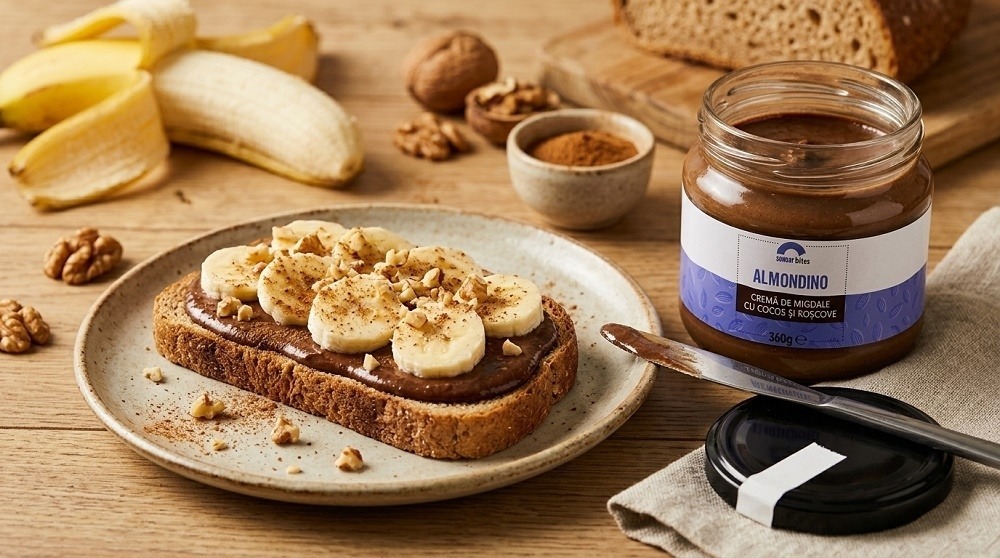 tartina cu banana si crema de migdale, cocos si roscove