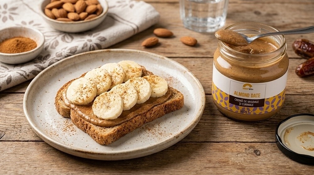Toast cu crema de migdale si curmale, banana si scortisoara