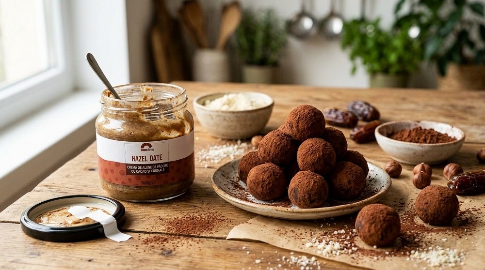 Trufe cu crema de alune de pădure, cacao și curmale, cu pudră de migdale